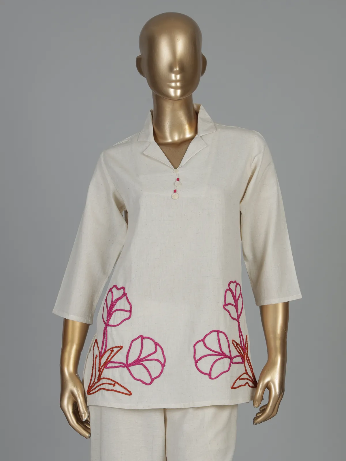 Beige cotton floral thread co ord set with palazzo style