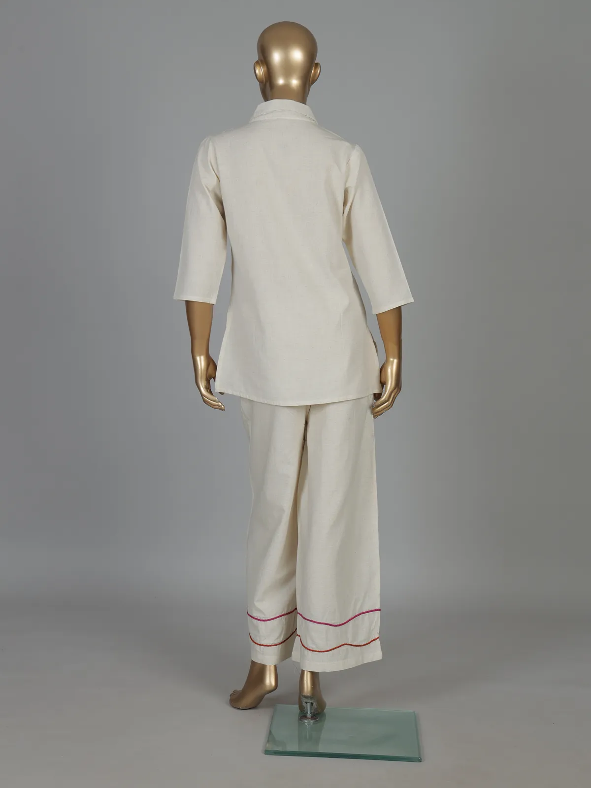 Beige cotton floral thread co ord set with palazzo style