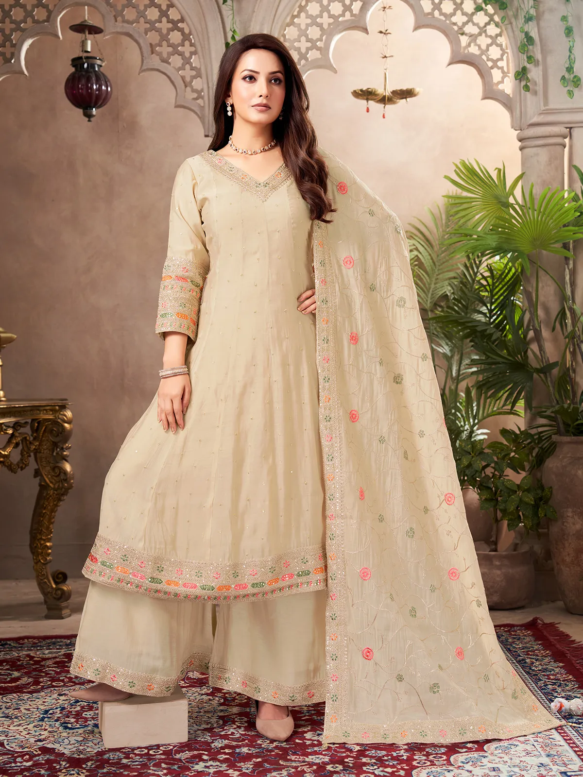 cotton silk anarkali dress Beige cotton silk graceful embroidered anarkali suit