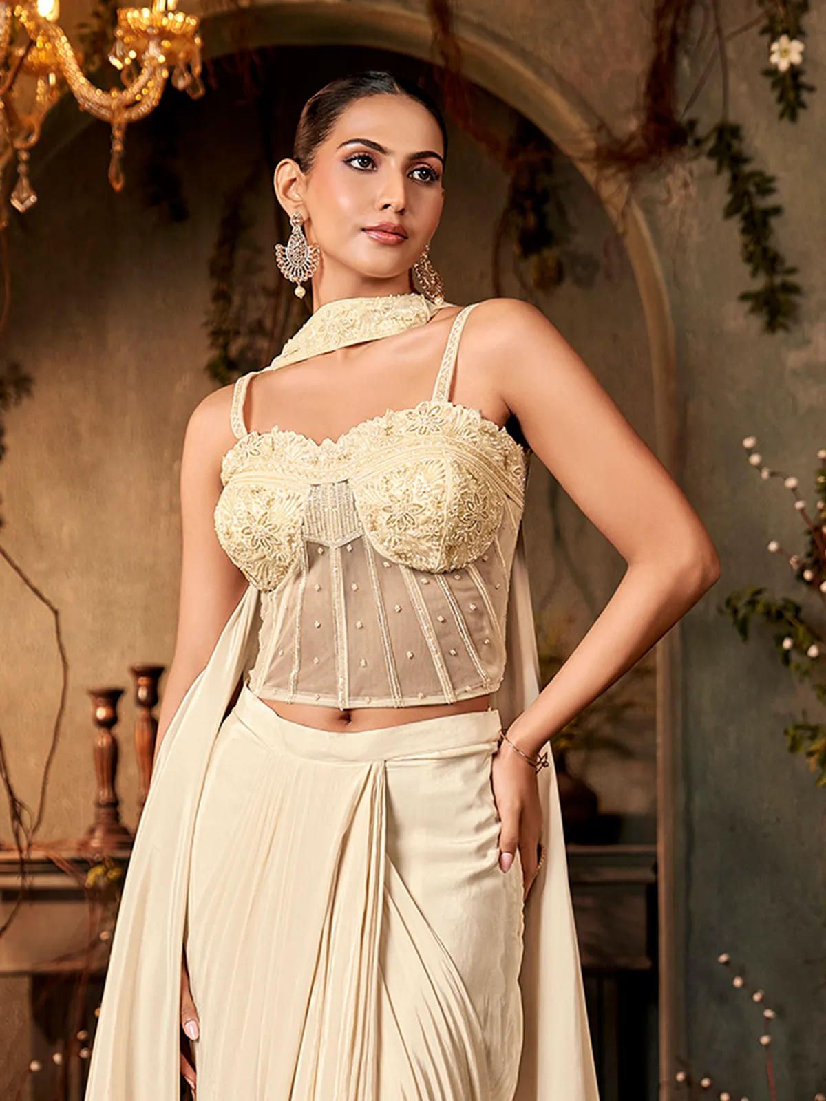 Beige crepe silk indowestern suit with choker dupatta