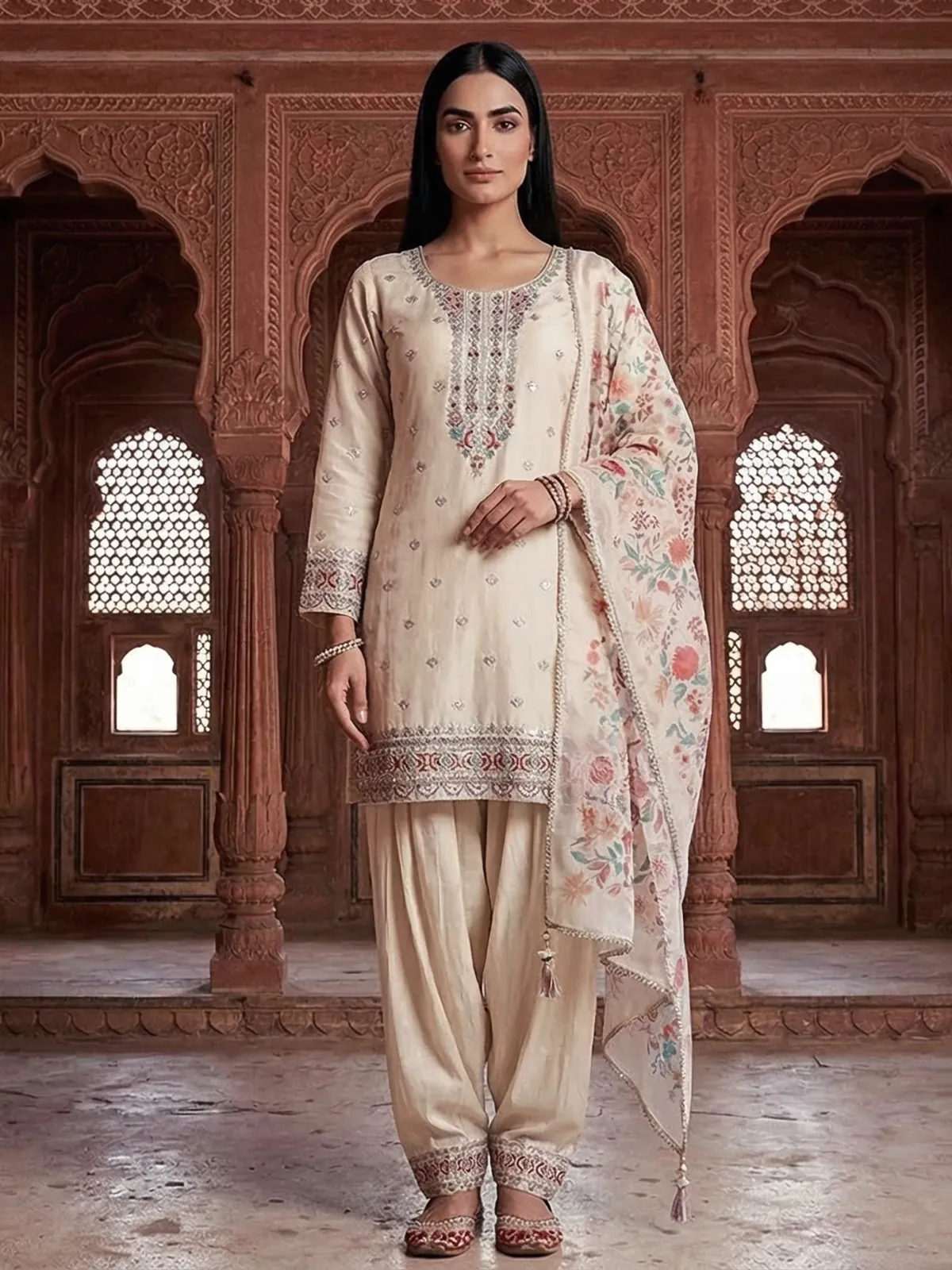 Beige crepe silk punjabi style embroidered festive salwar suit