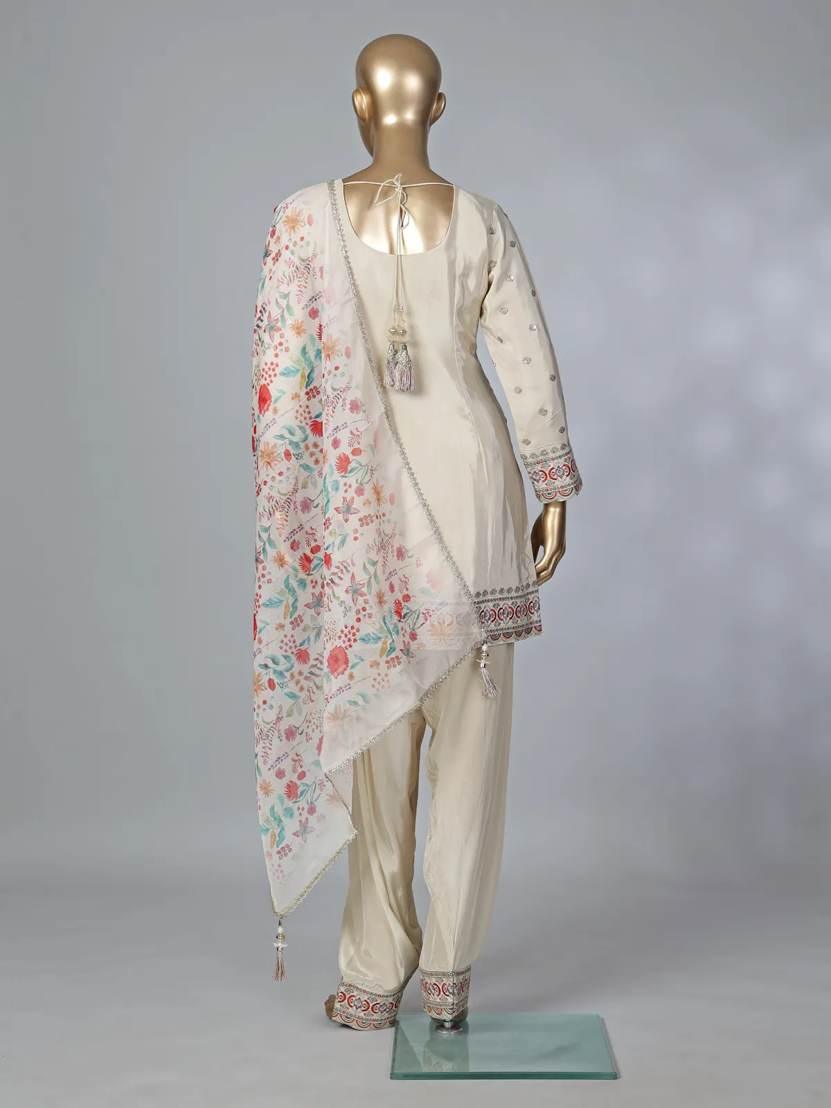 Beige crepe silk punjabi style embroidered festive salwar suit
