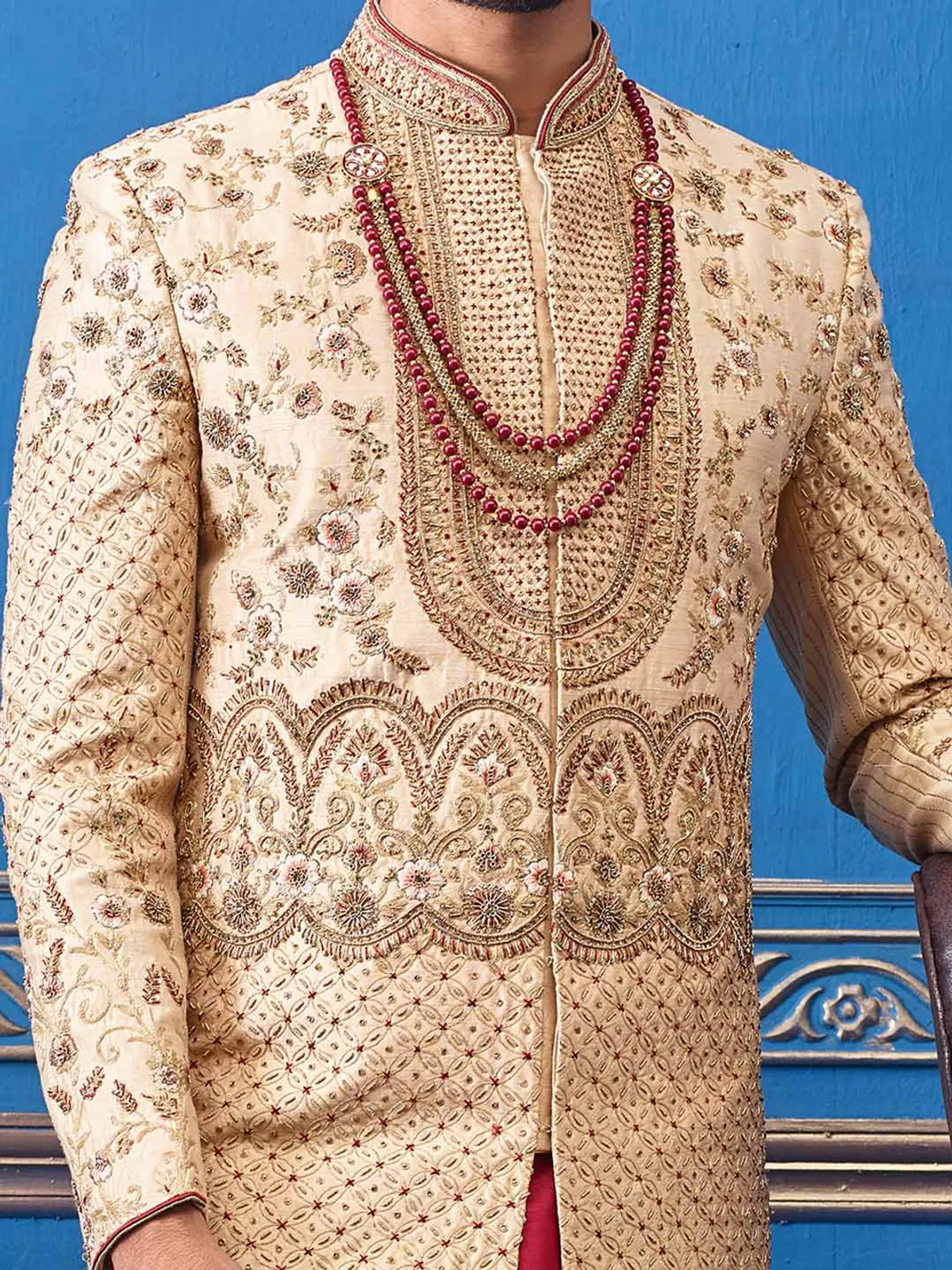 Beige designer groom raw silk sherwani