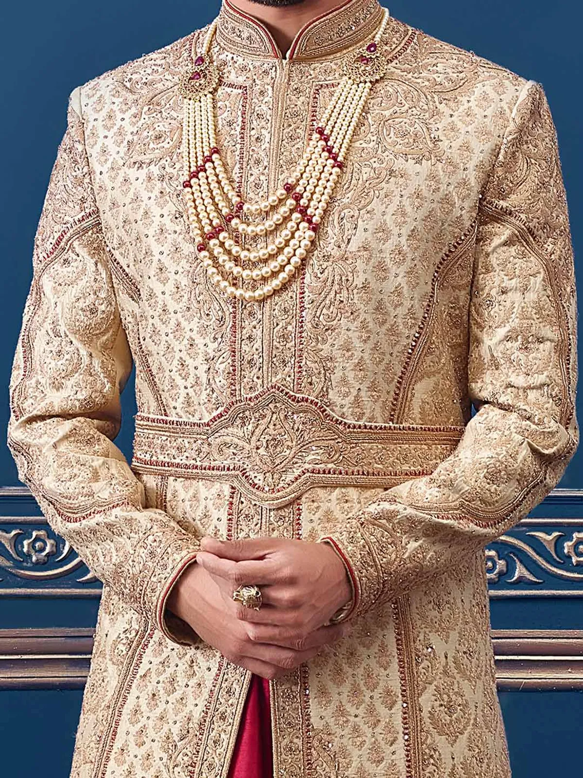 Beige designer raw silk sherwani suit for groom