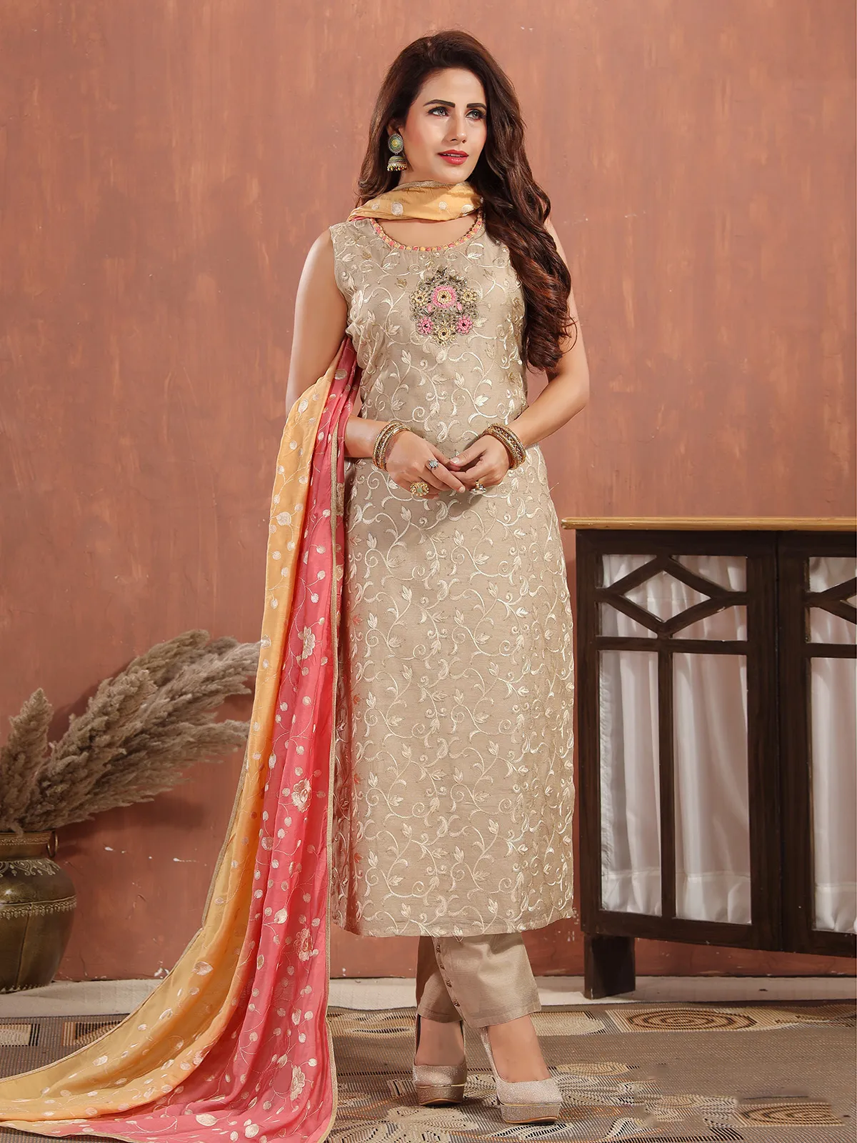 Beige embroidered salwar suit