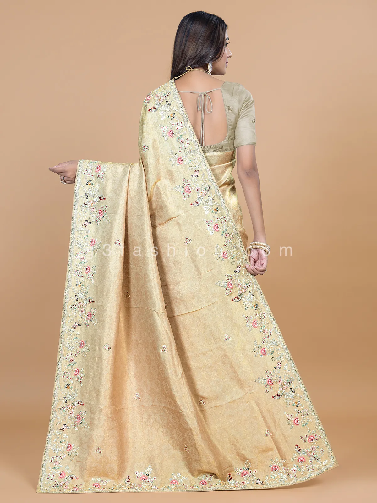 Beige extraordinary wedding sari in jacquard