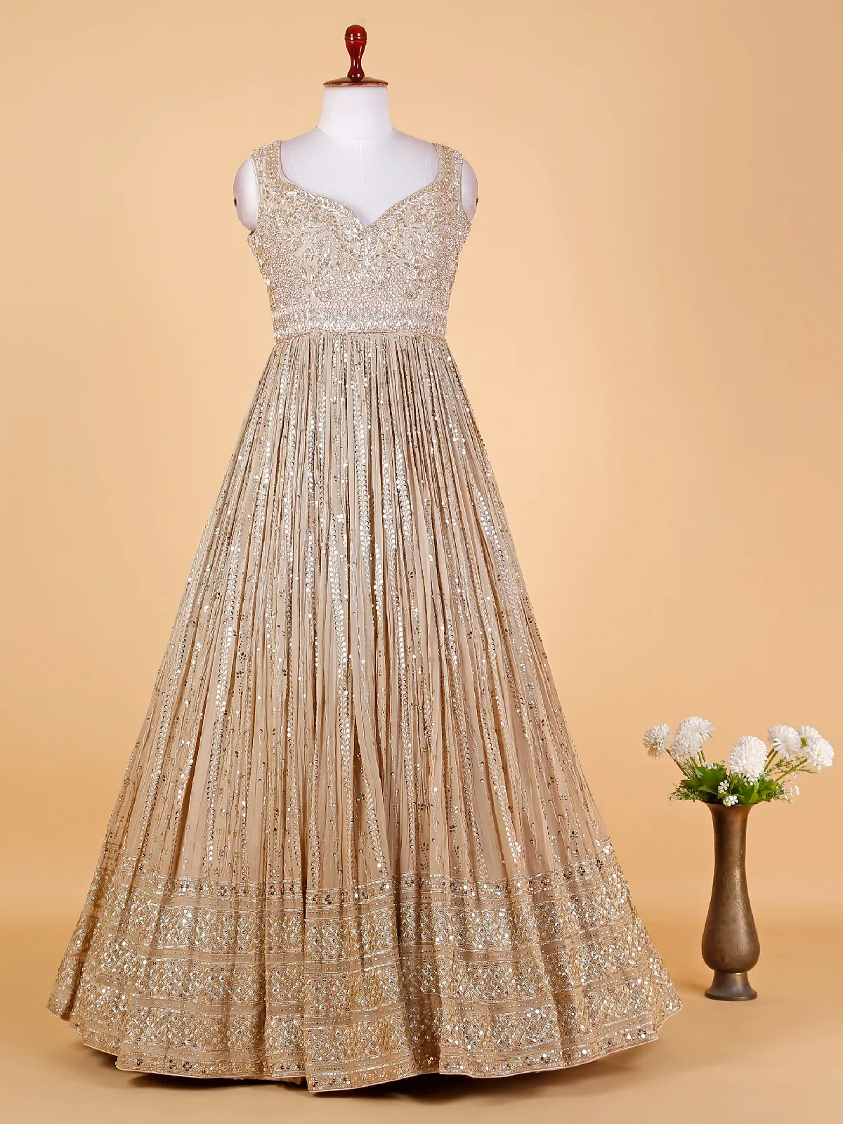 Beige floor length anarkali suit in georgette