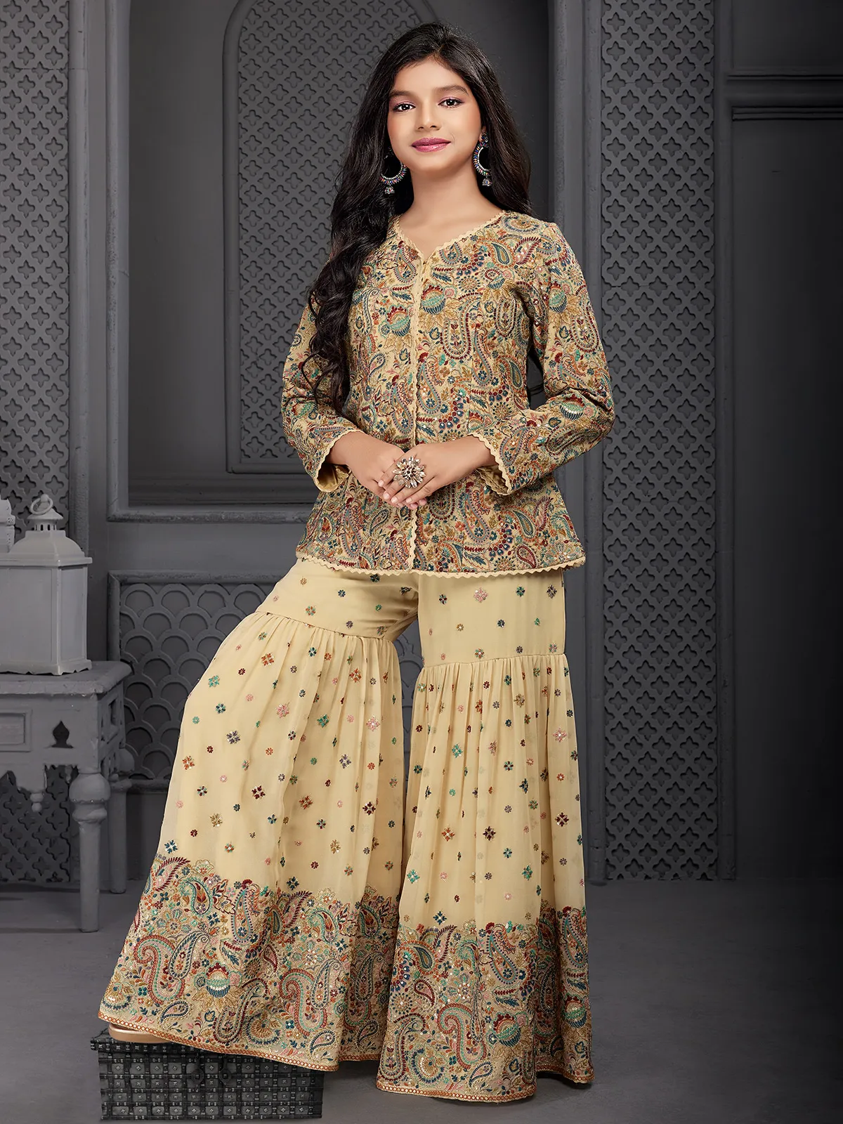 Beige georgette embroidery sharara suit
