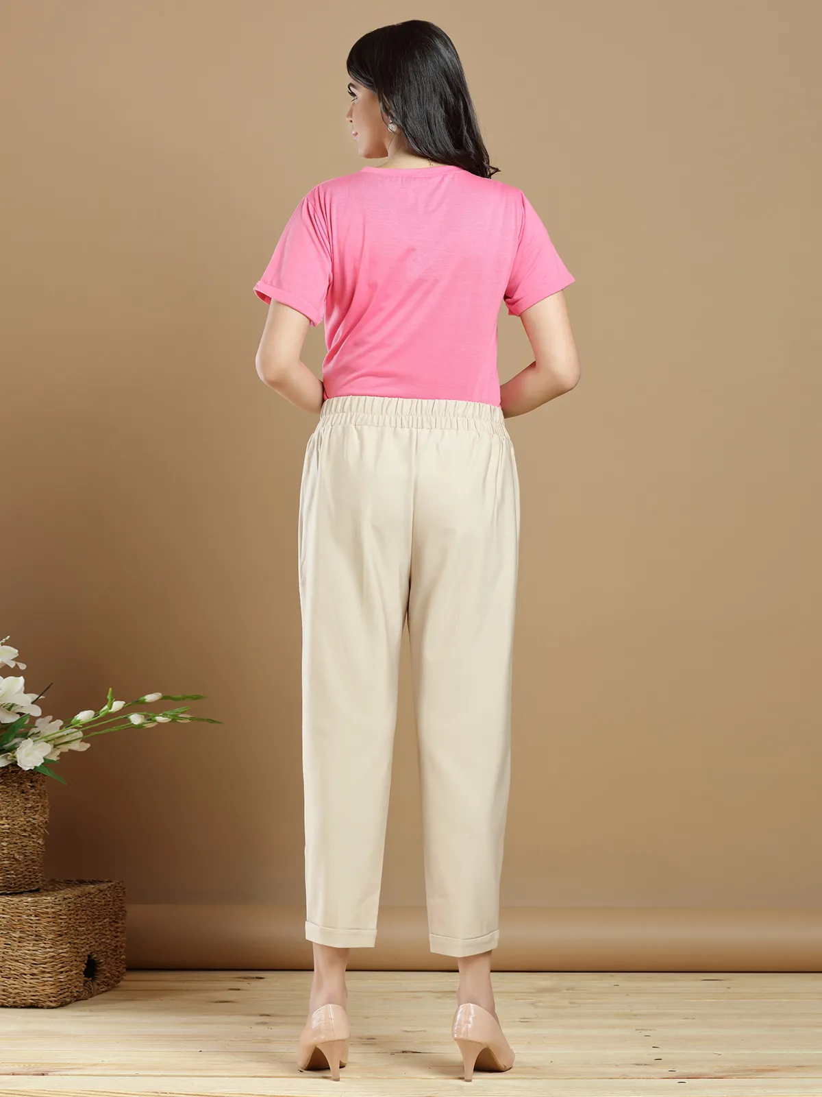 Beige hued pleasant cotton casual plain pant