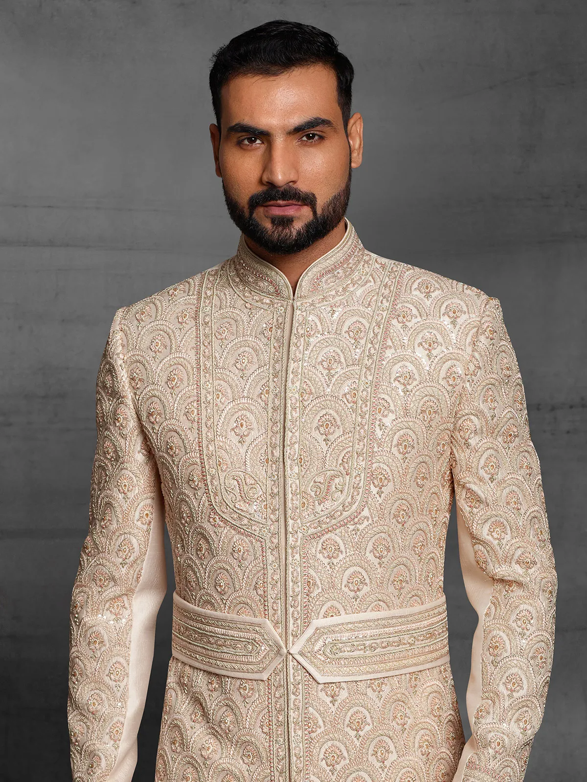 Beige hued silk wedding wear sherwani