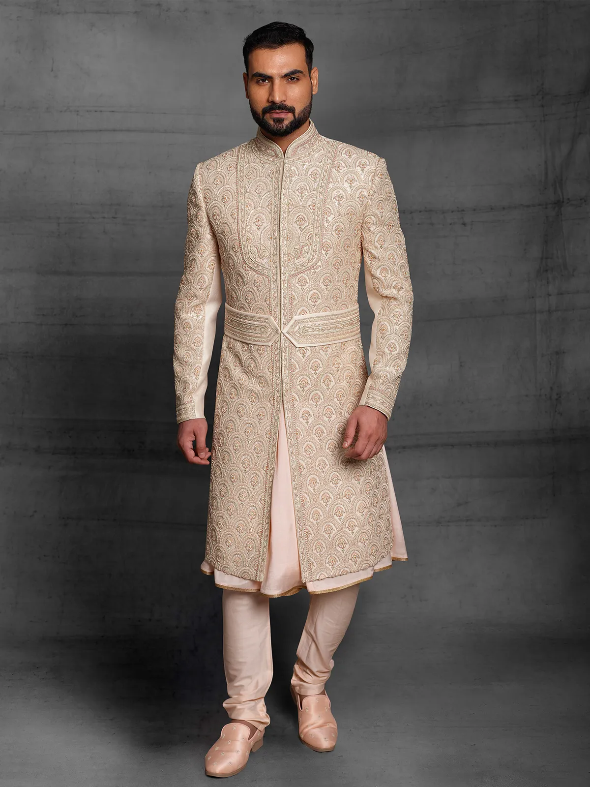 Beige hued silk wedding wear sherwani