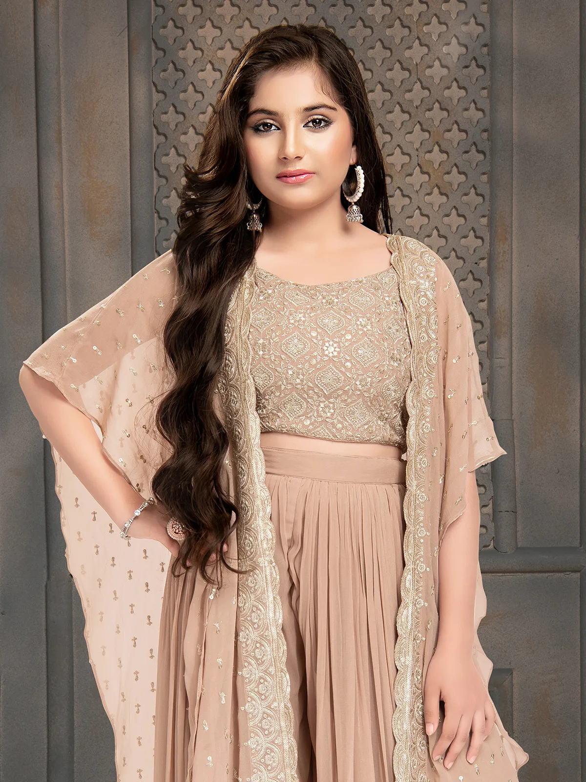 Beige jacket style georgette palazzo suit