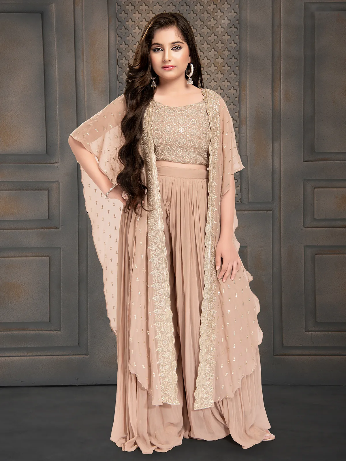 Beige jacket style georgette palazzo suit