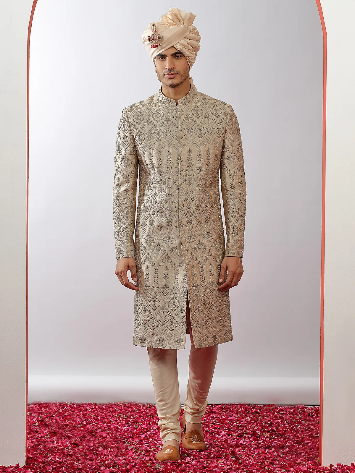 Beige lavish groom wear raw silk sherwani