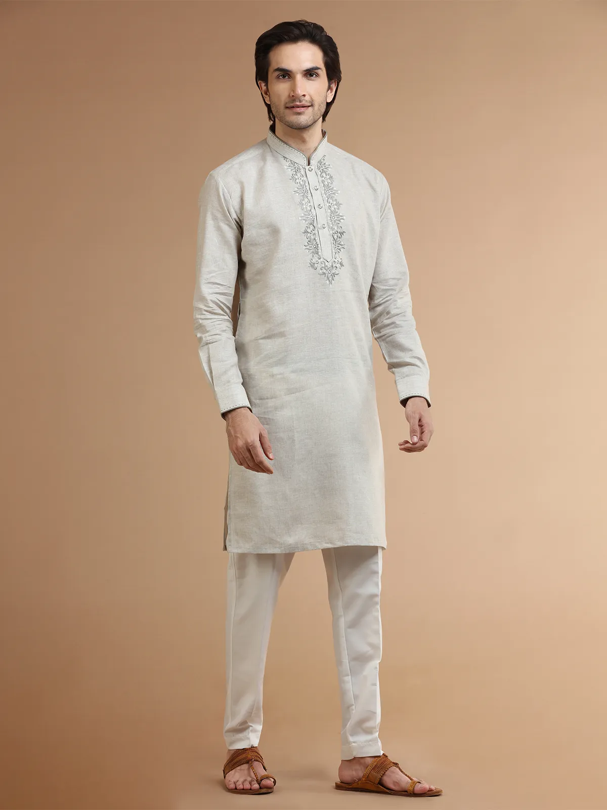 Beige linen festive kurta suit