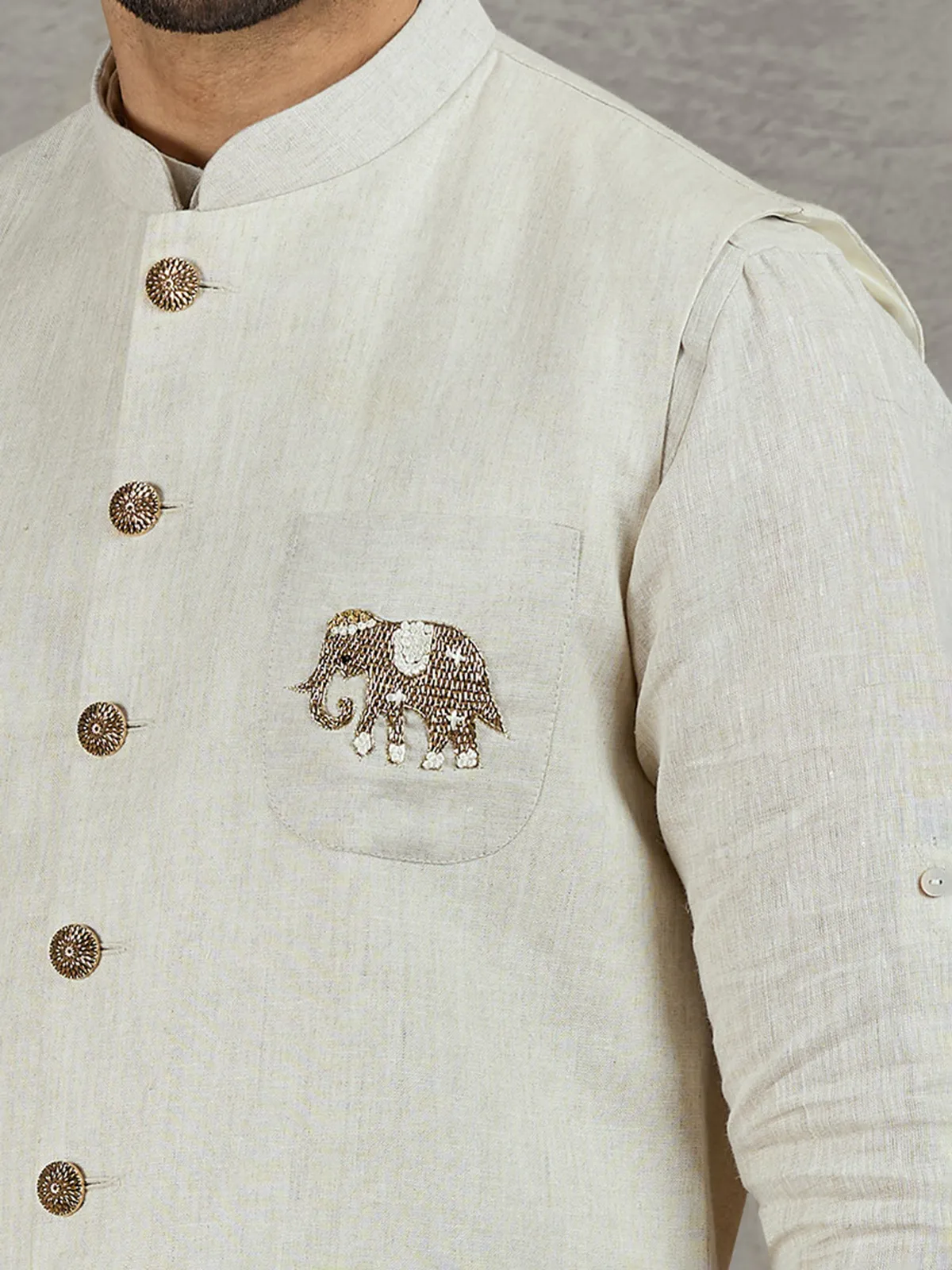 Beige linen festive wear waistcoat set with elegant detailing