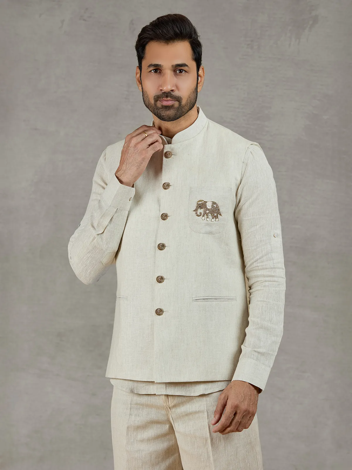 Beige linen festive wear waistcoat set with elegant detailing