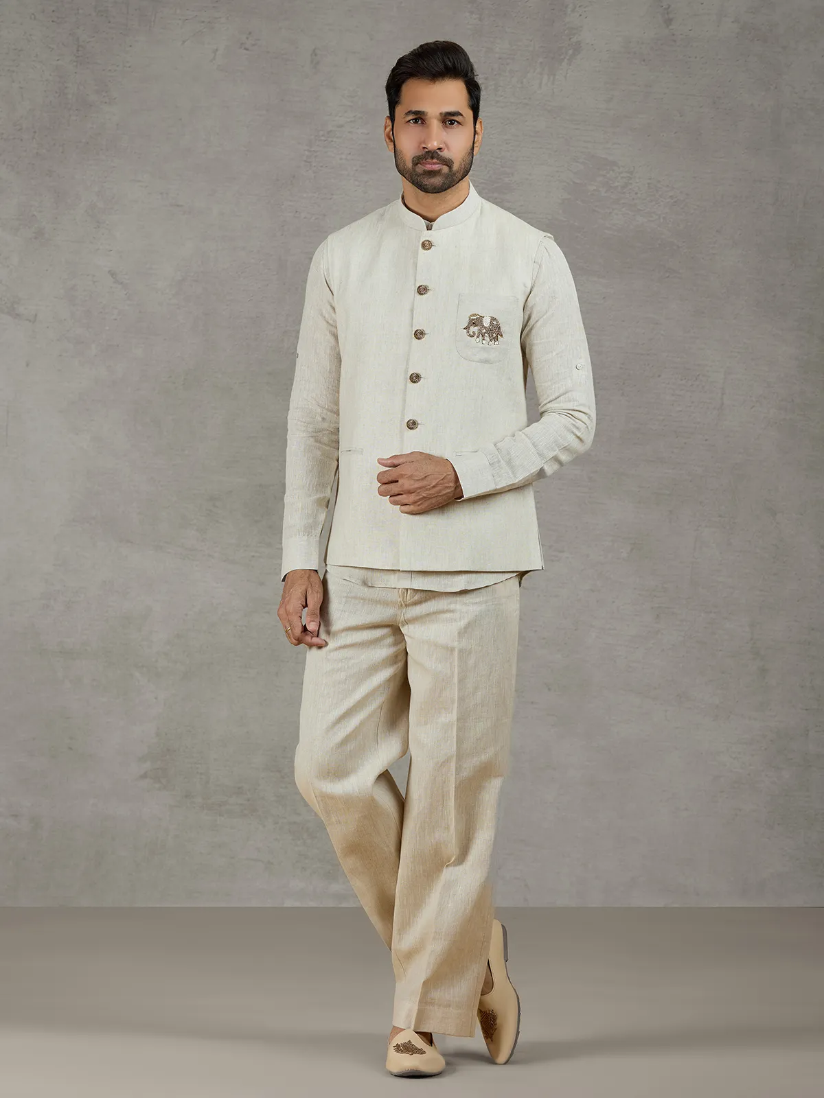 Beige linen festive wear waistcoat set with elegant detailing