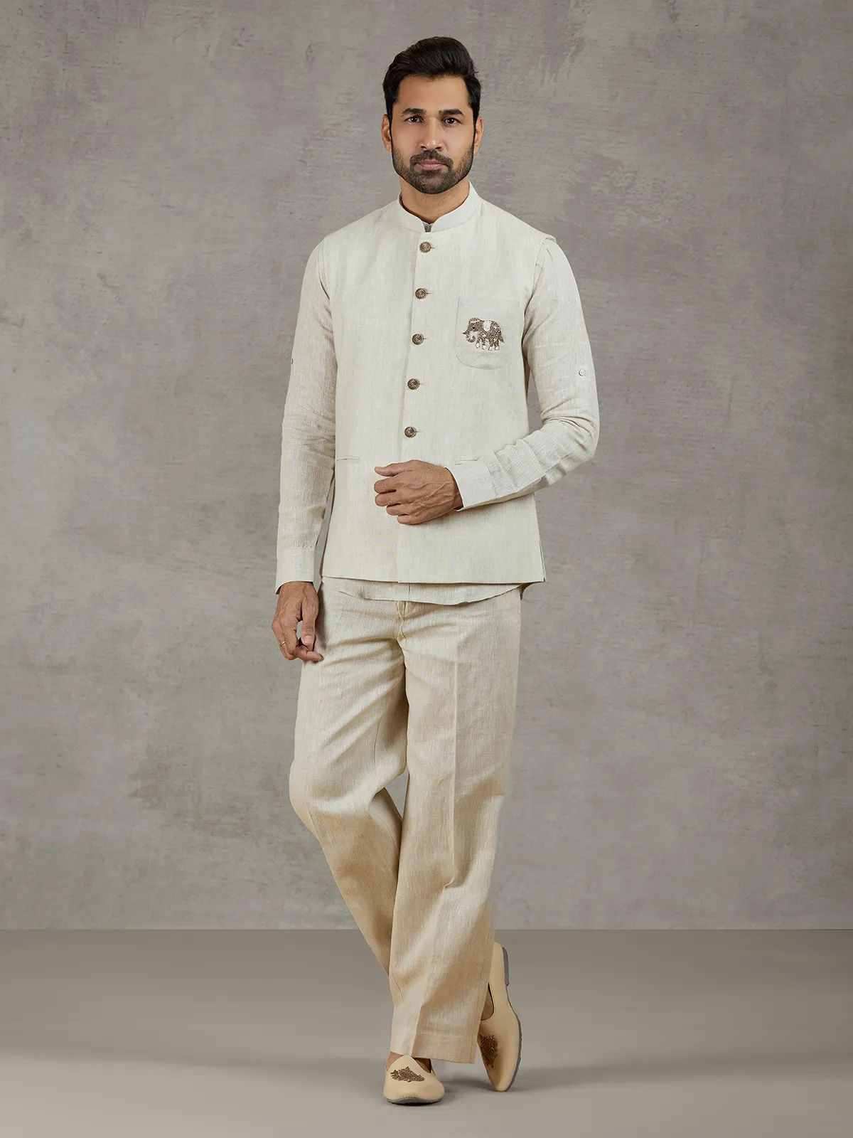 Beige linen festive waistcoat with shirt and elegant detailing
