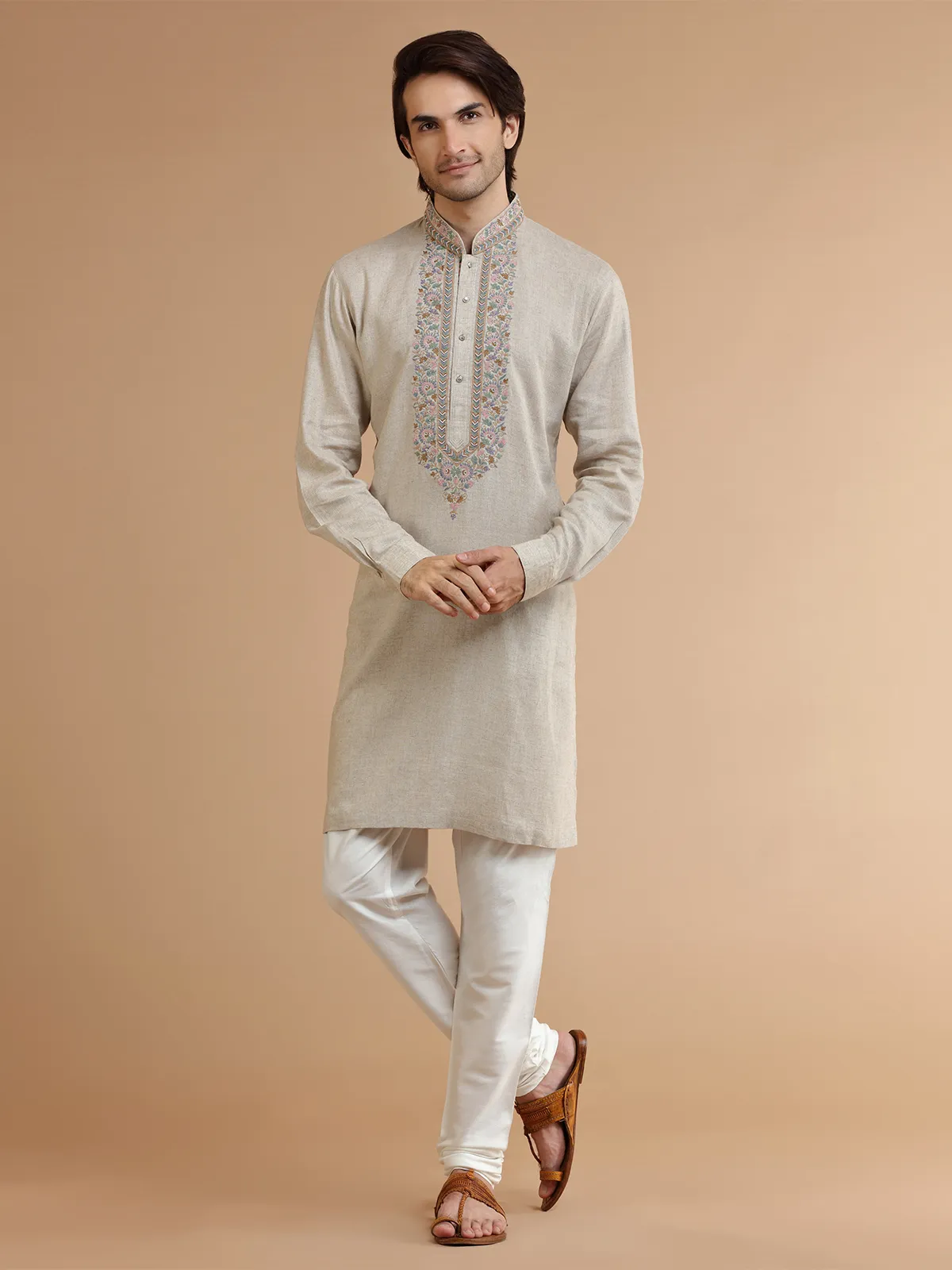 Beige linen kurta suit for men