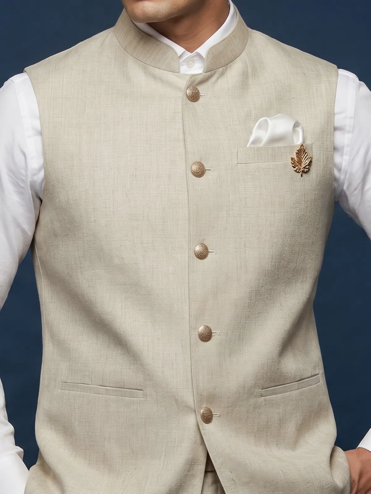 Beige linen waistcoat with brooch detailing