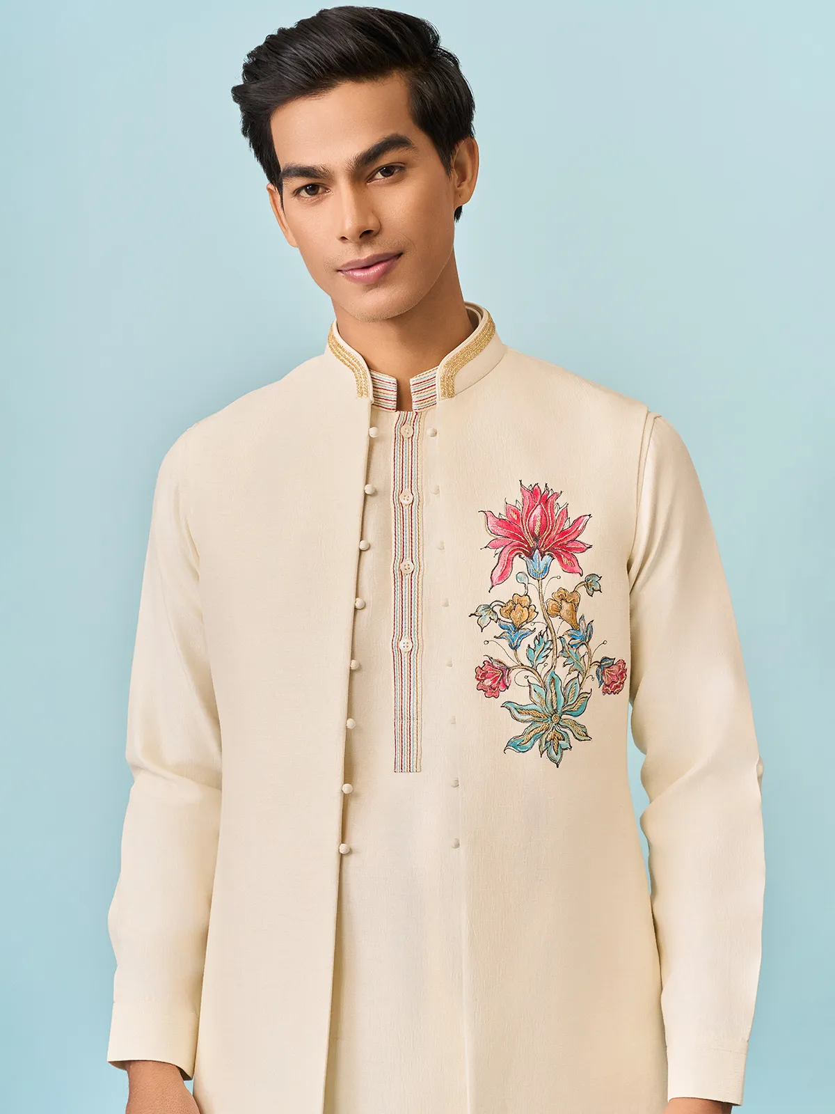 Beige lotus blossam hand printed mens waistcoat set
