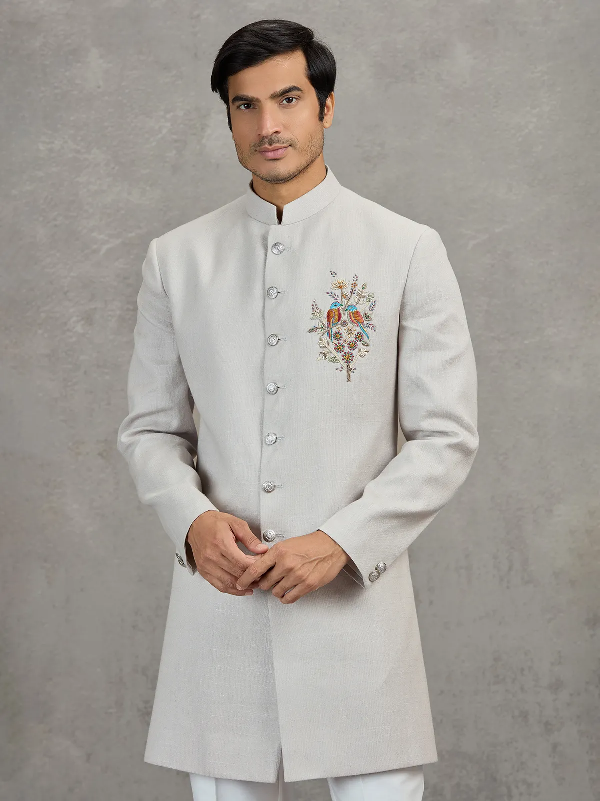 Beige matka silk indowestern set for reception wear
