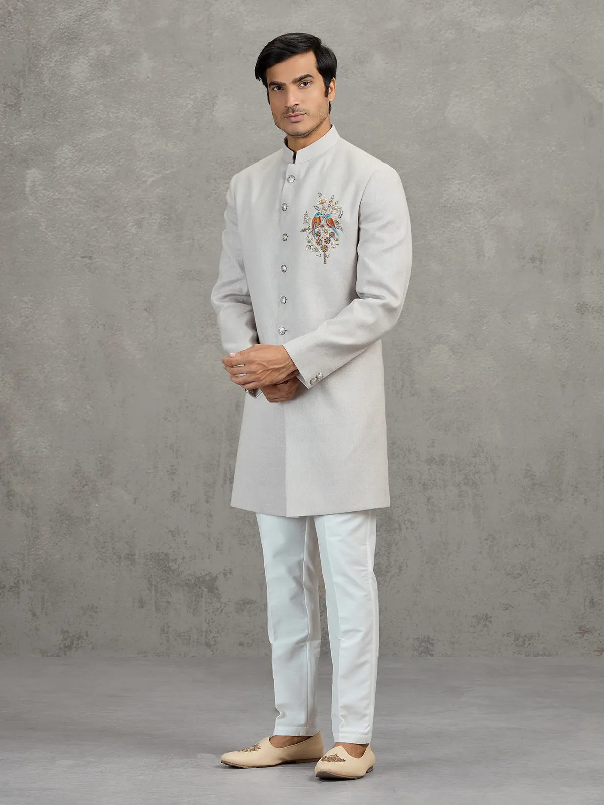 Beige matka silk indowestern set for reception wear