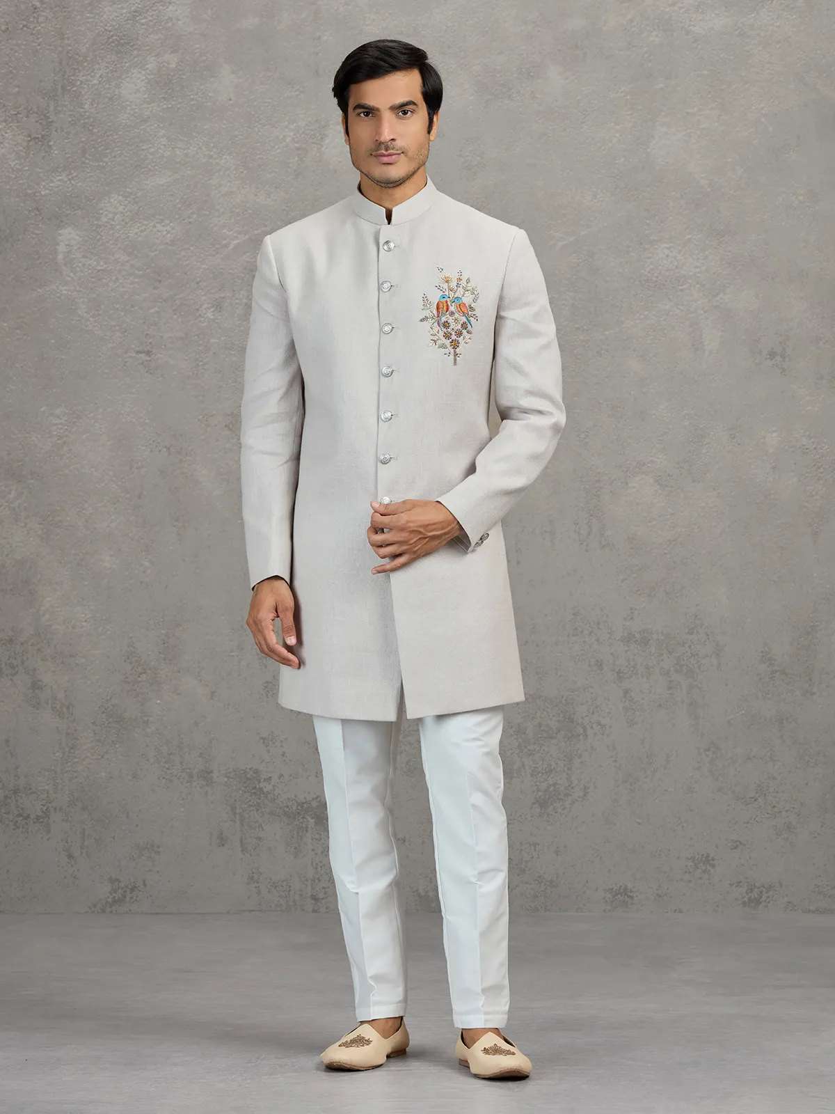 Beige matka silk indowestern set for reception wear