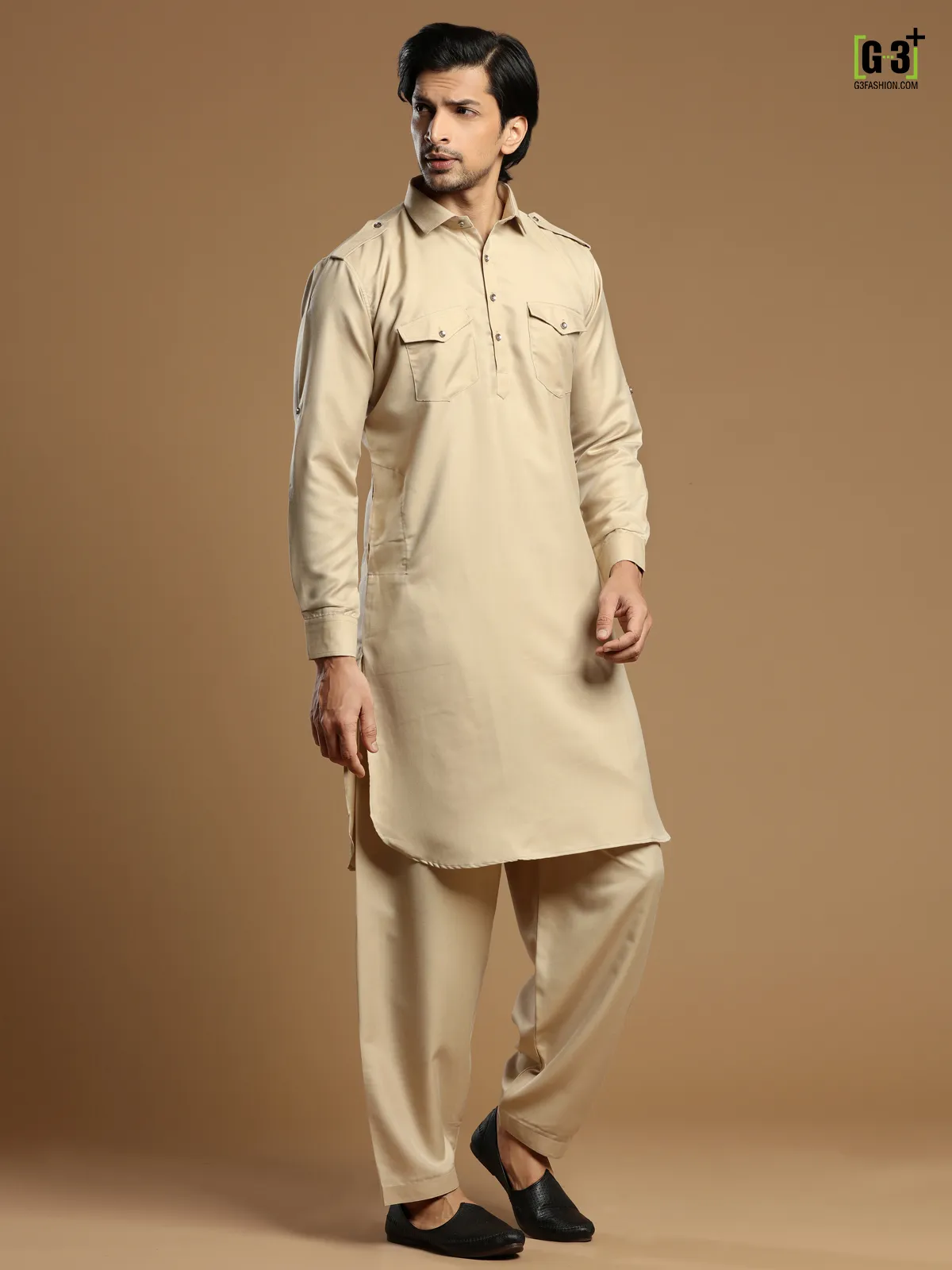 Beige men festive events cotton silk plain pathani suit