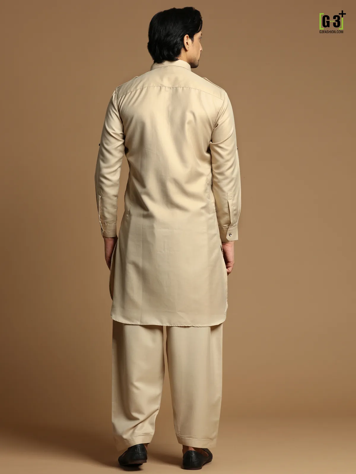 Beige men festive events cotton silk plain pathani suit