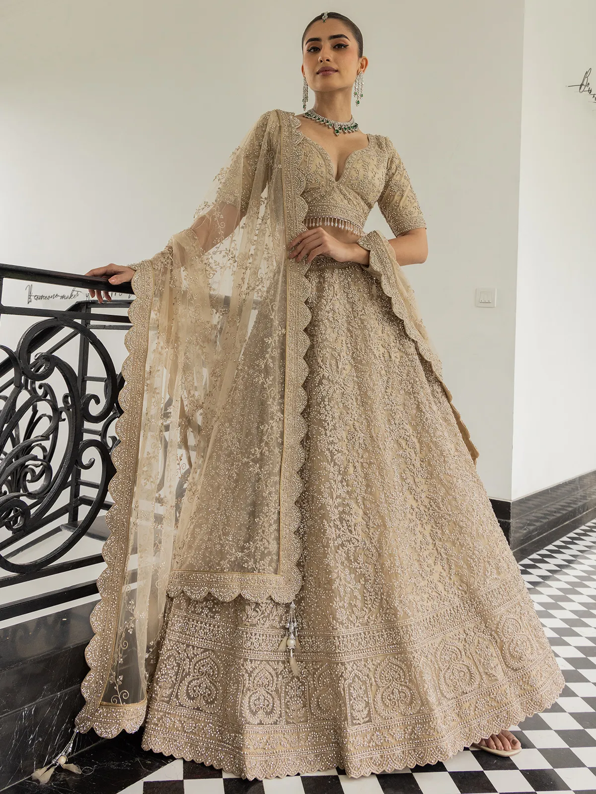 choli lehenga dress Wedding in USA this masterpiece brings out the royalty in you Beige net bridal lehenga choli