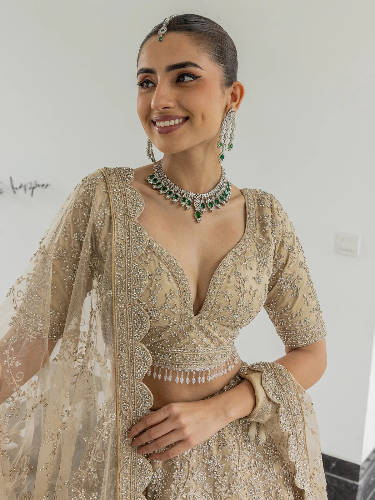 beige color indian dress 3 Pc Beige Net Semi Stitched Lehenga Set main image 0