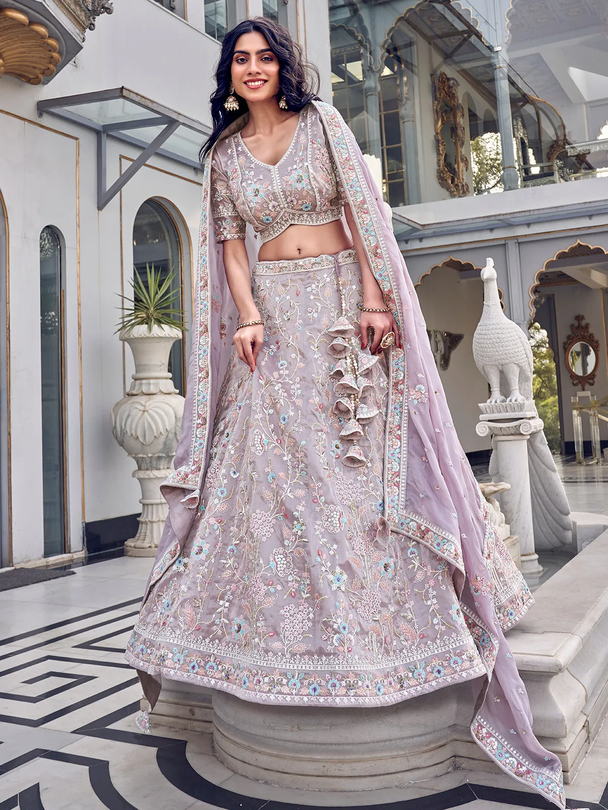 Beige organza unstitched lehenga choli with dupatta