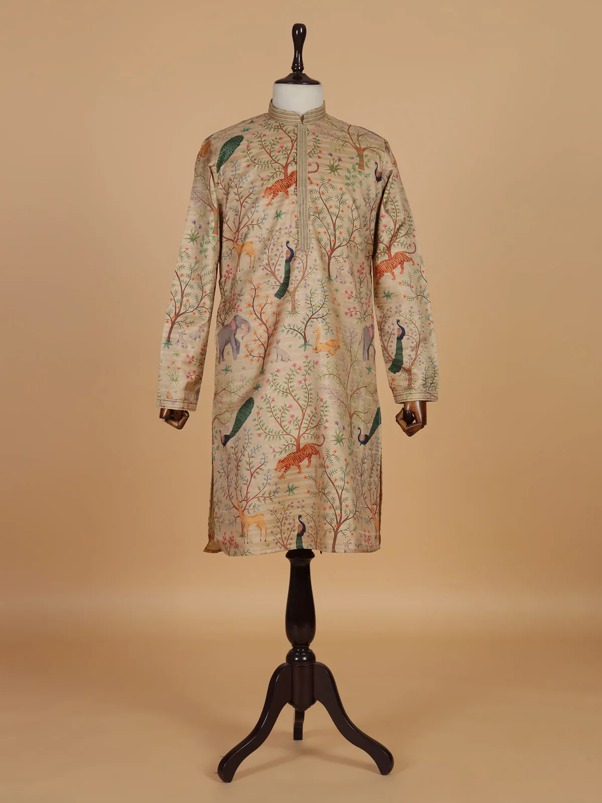 Beige printed cotton silk kurta suit for festival