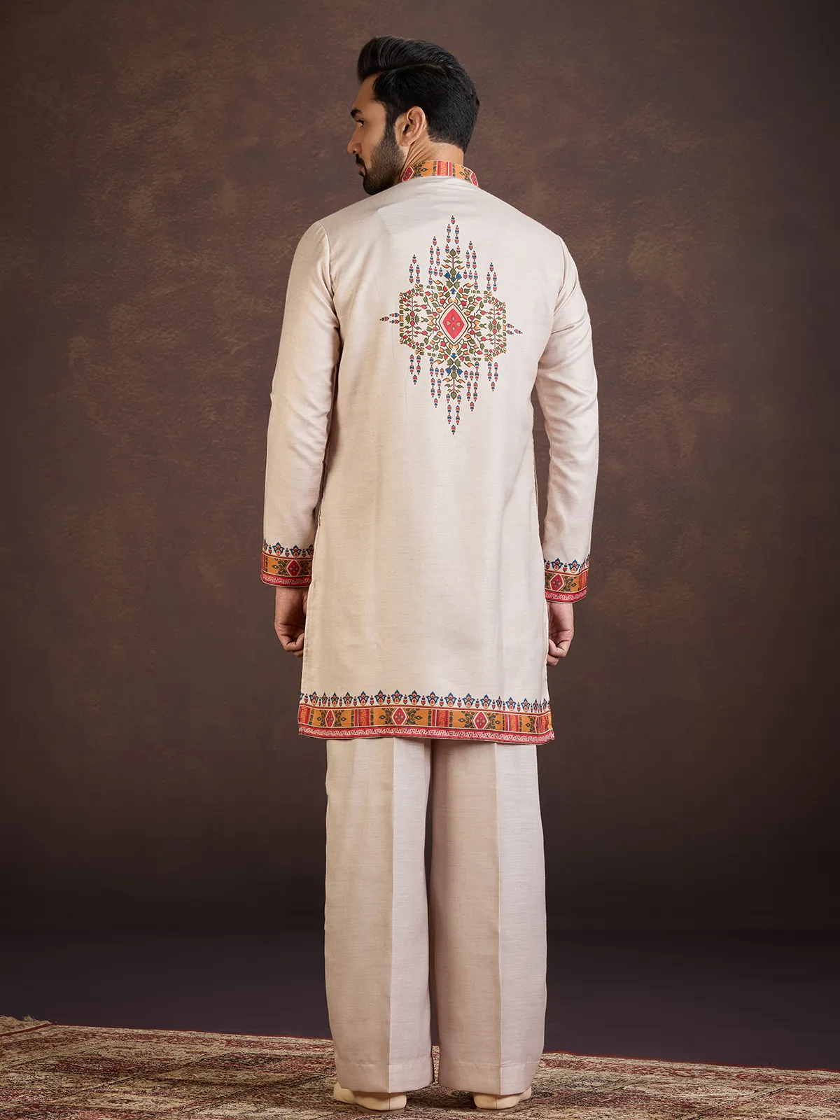 Beige printed soft linen kurta suit for wedding