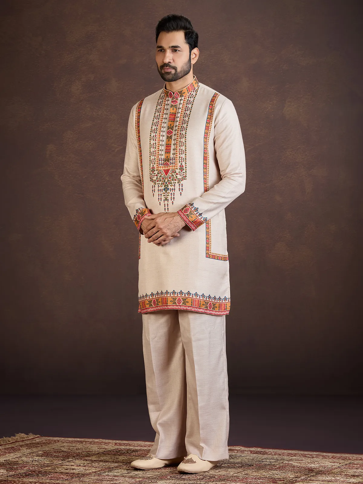 Beige printed soft linen kurta suit for wedding