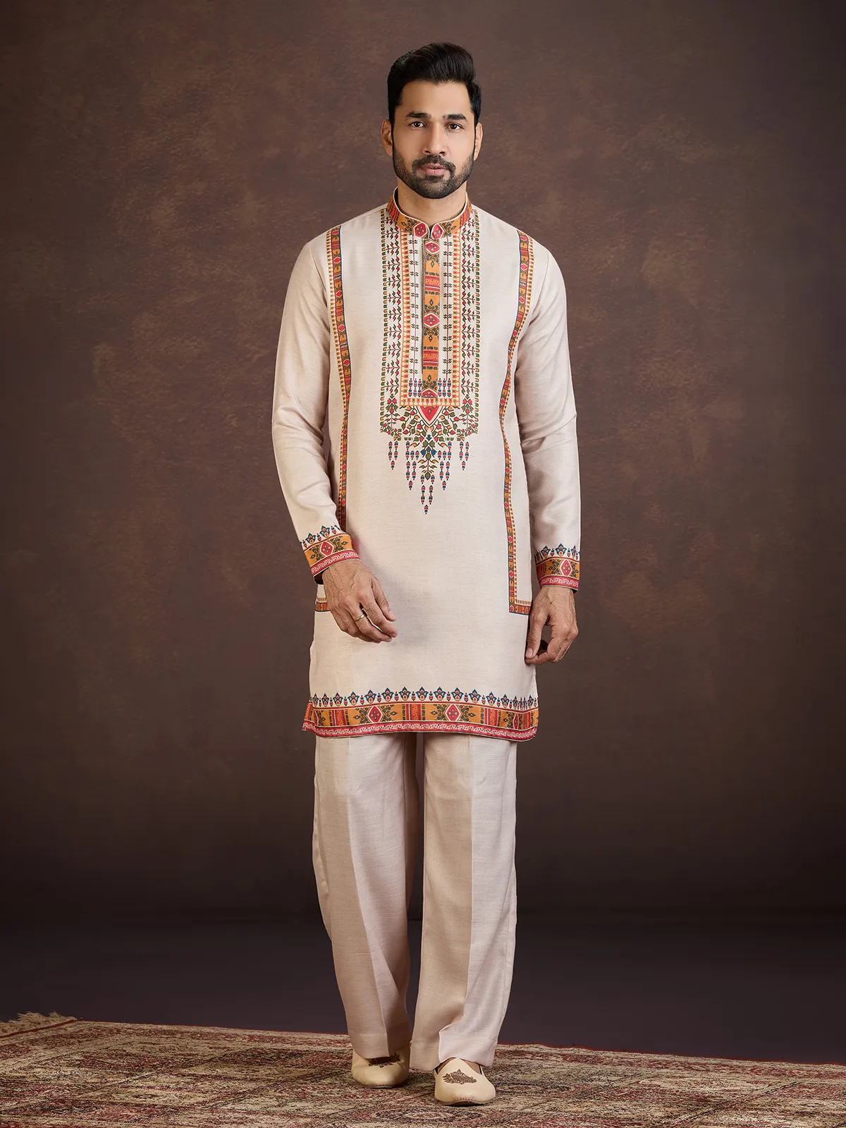 Beige printed soft linen kurta suit for wedding