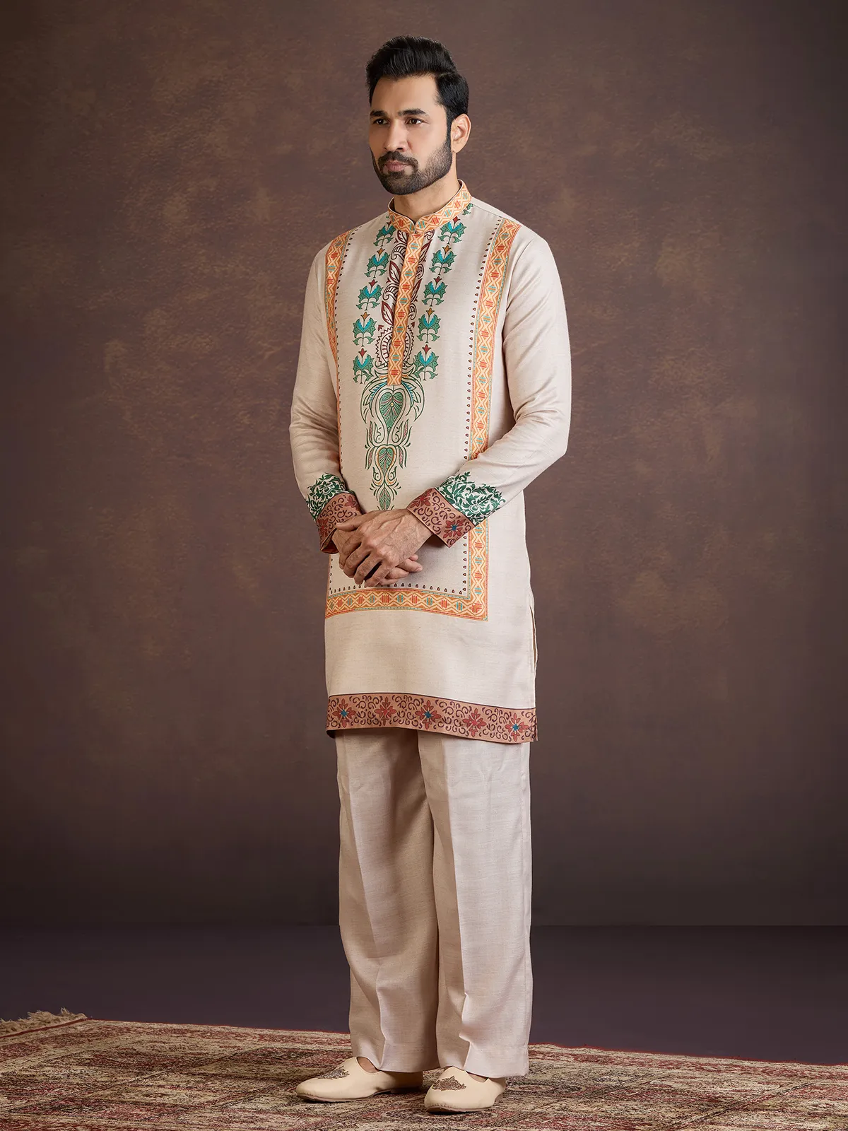 Beige printed wedding wear kurta suit with print