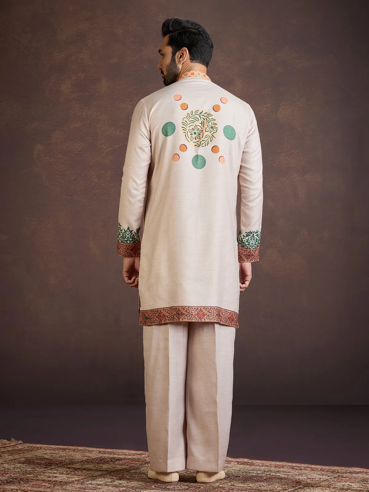 Beige printed wedding wear kurta suit with print