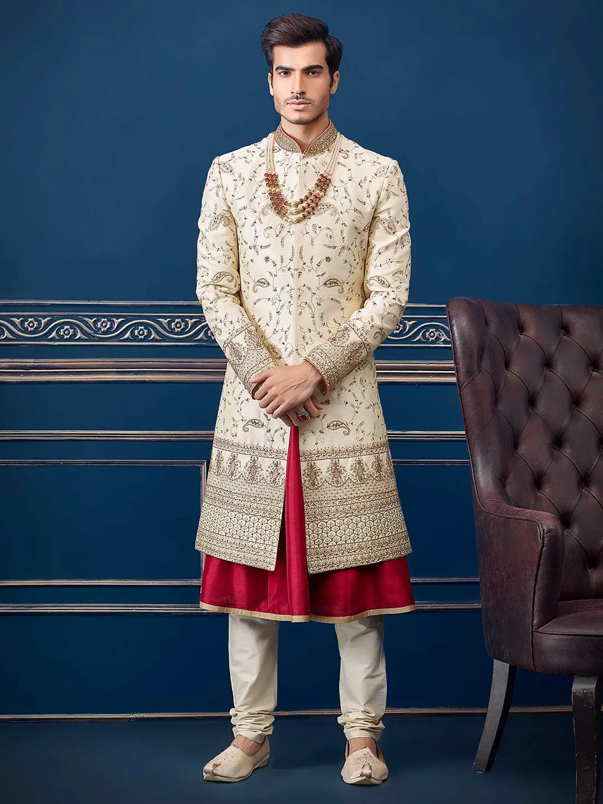 Beige raw silk groom sherwani