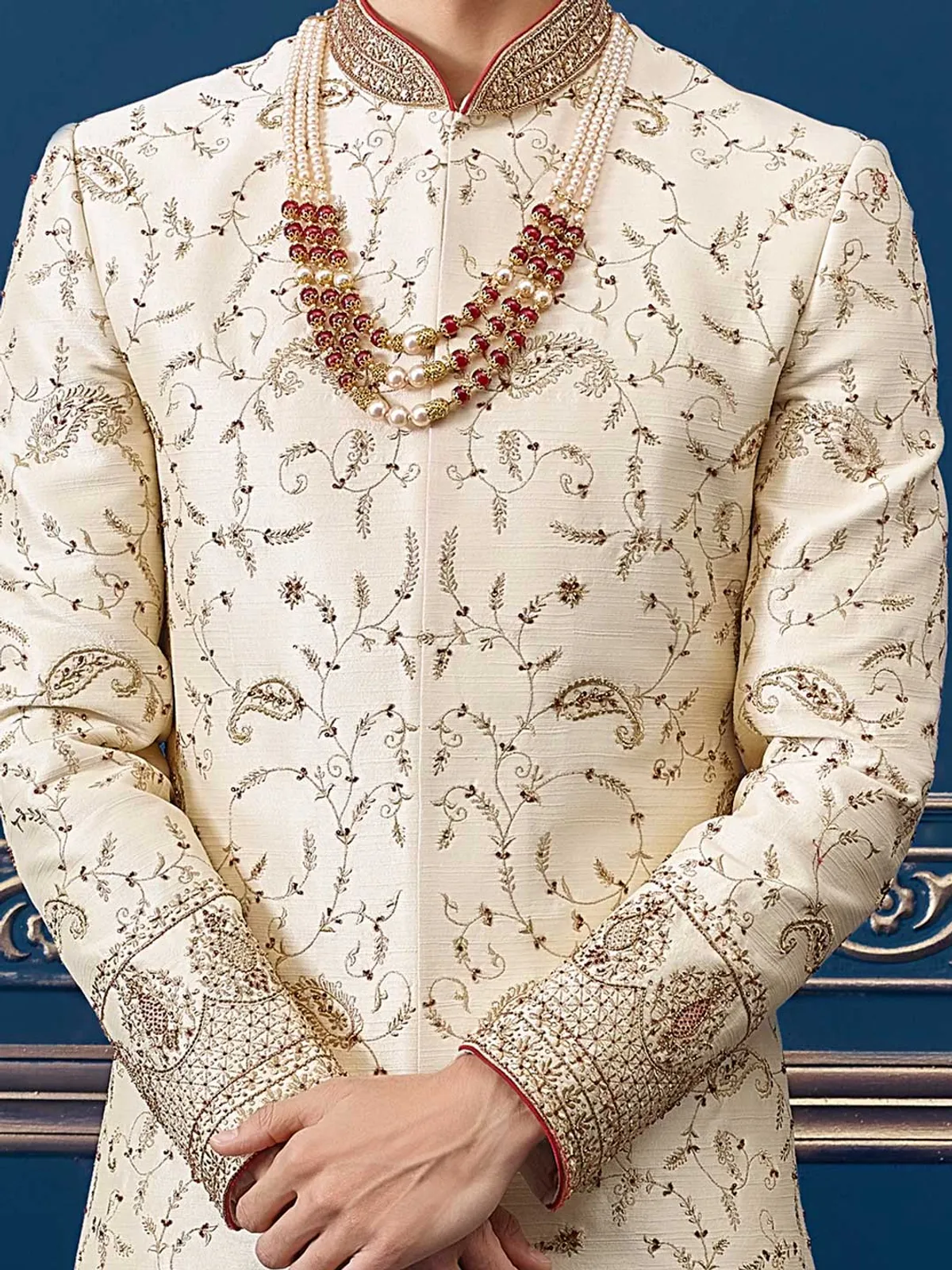 Beige raw silk groom sherwani