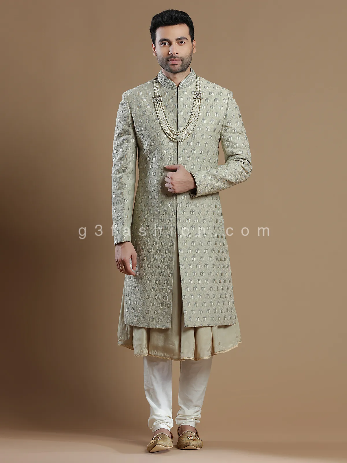 Beige raw silk groom wear men sherwani