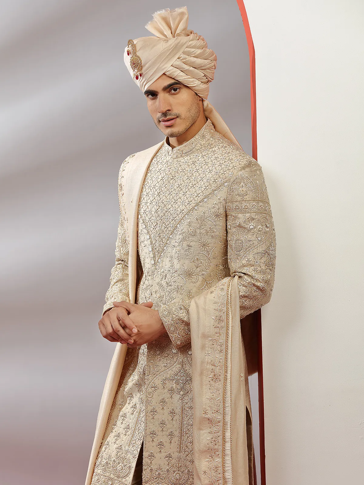 Beige raw silk groom wear sherwani for men