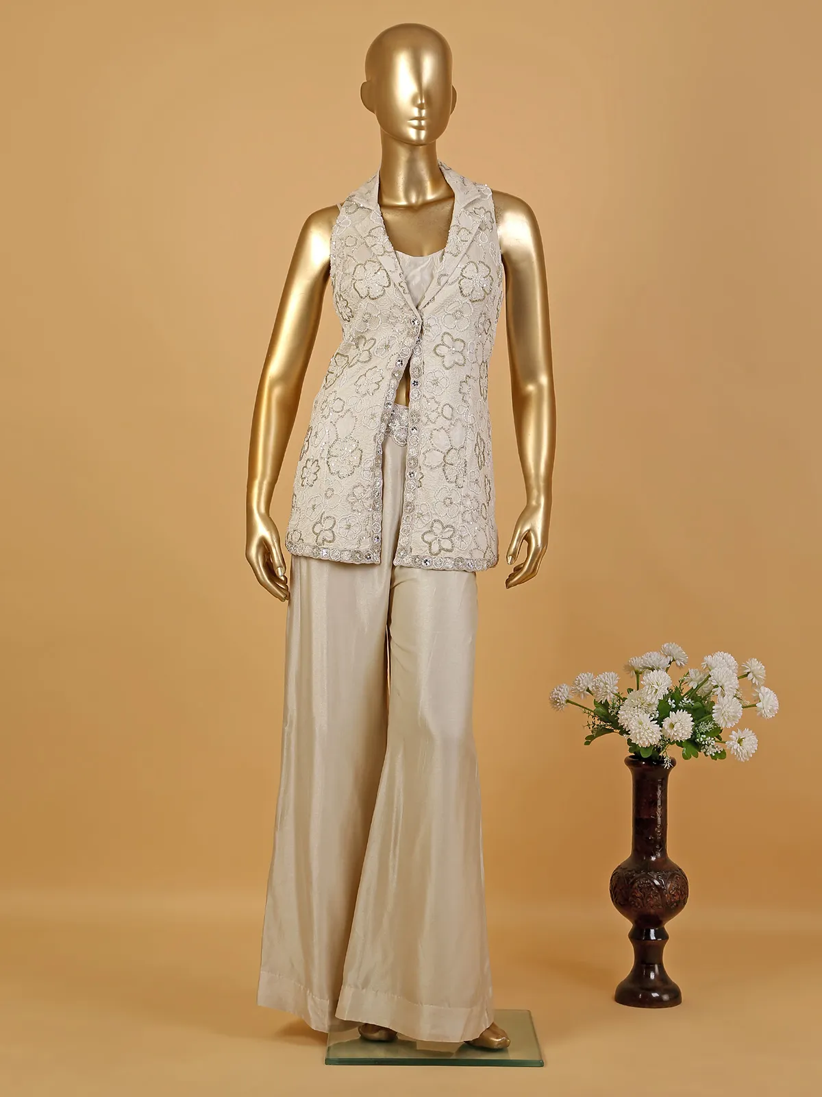 Beige raw silk jacket style palazzo suit