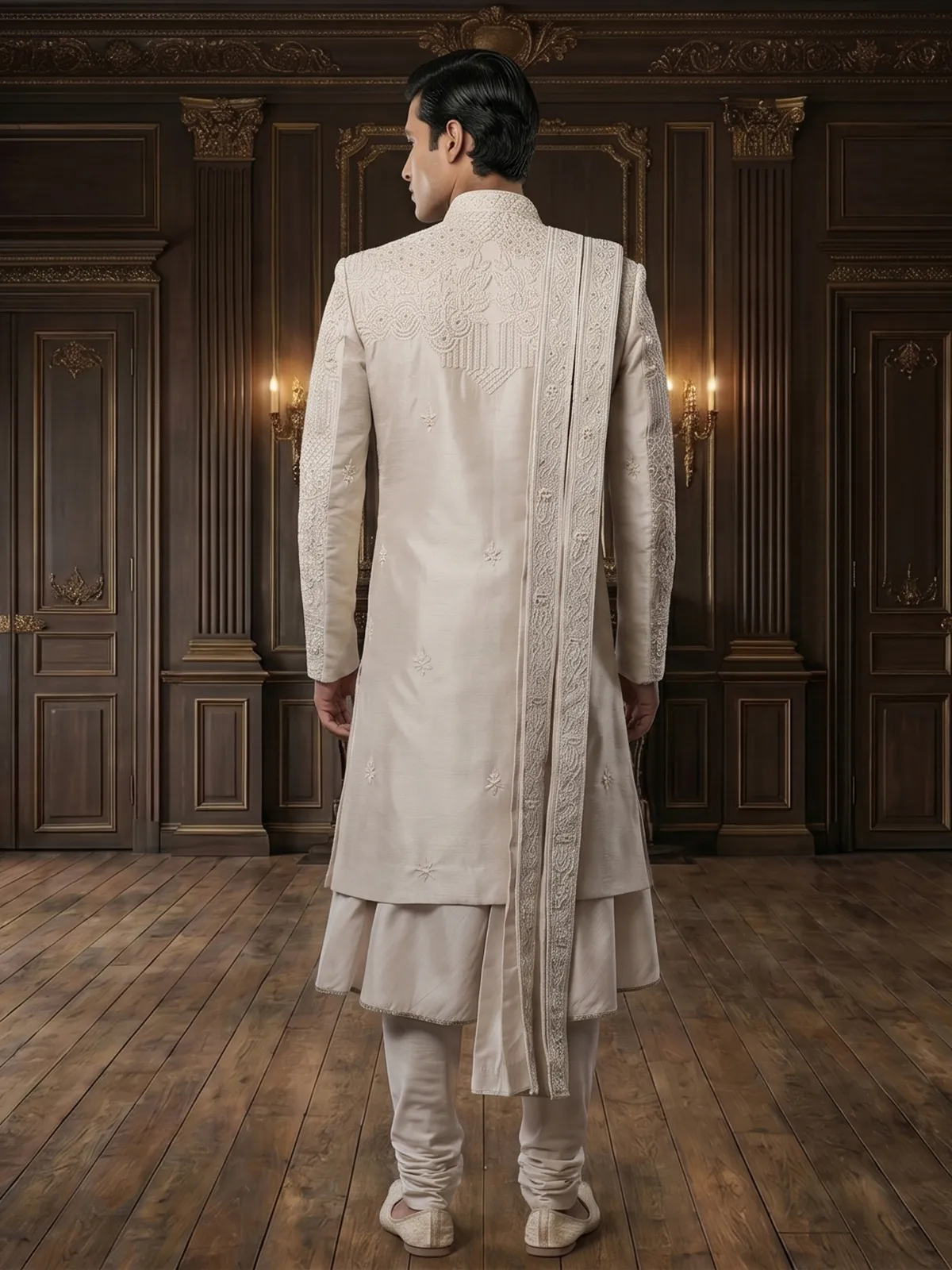 Beige raw silk peshwai style sherwani with dupatta set