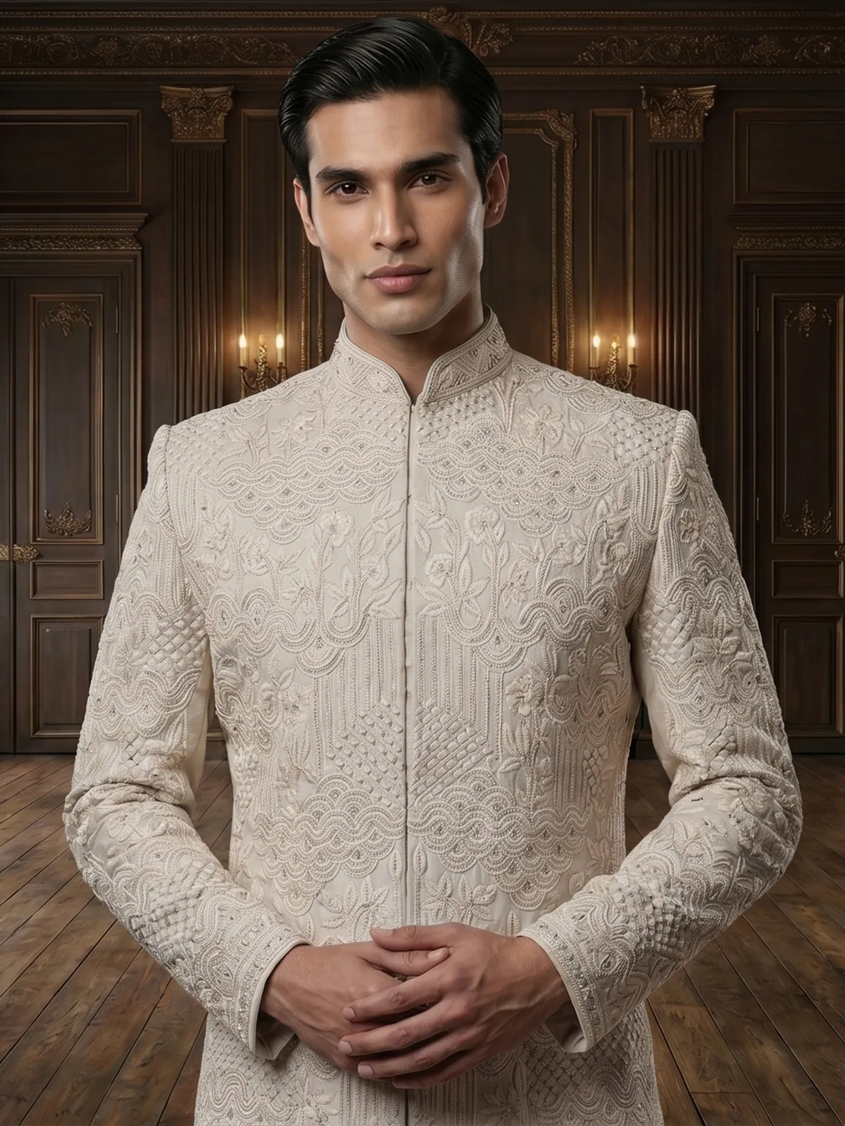 Beige raw silk peshwai style sherwani with dupatta set