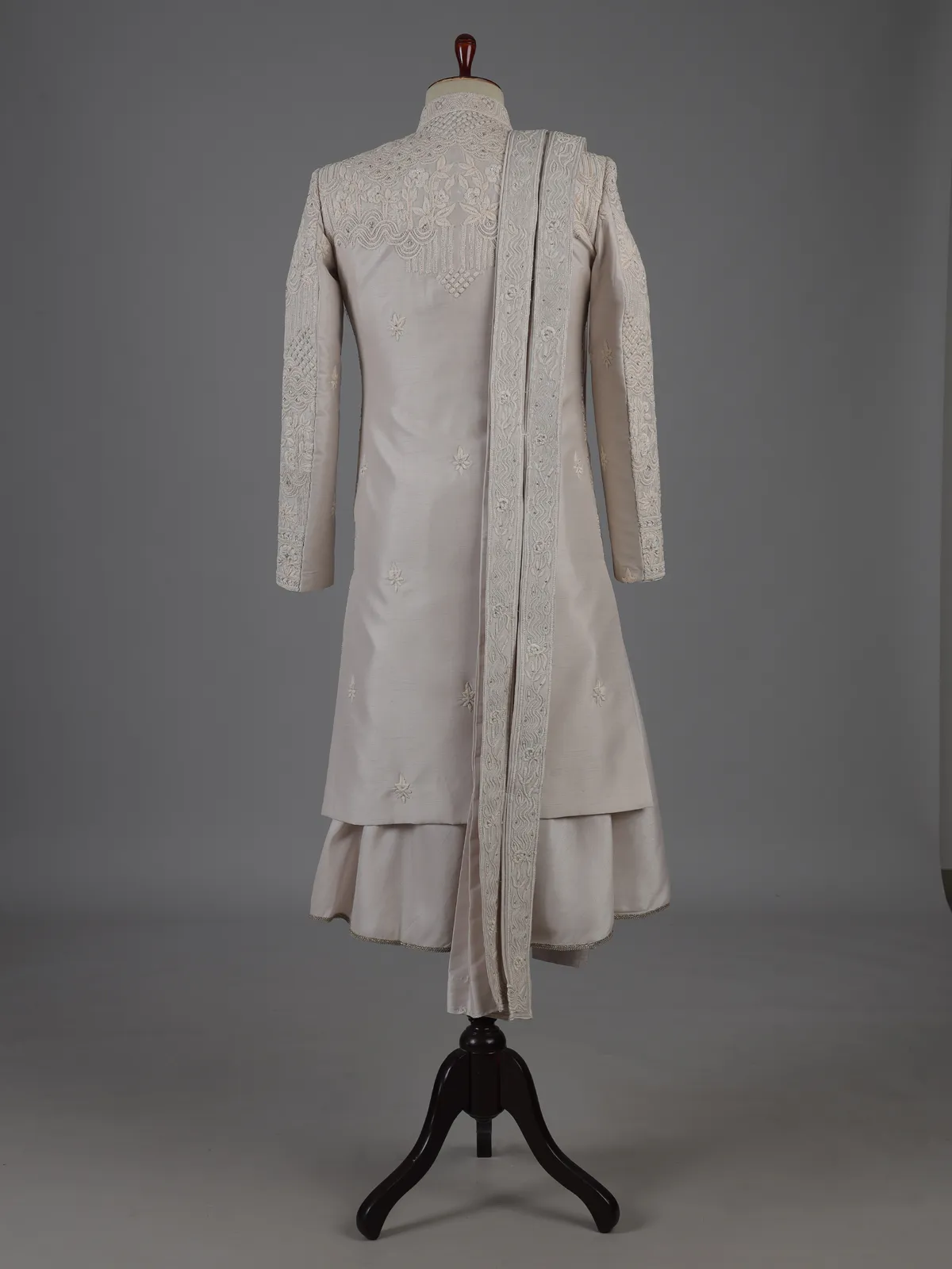 Beige raw silk peshwai style sherwani with dupatta set