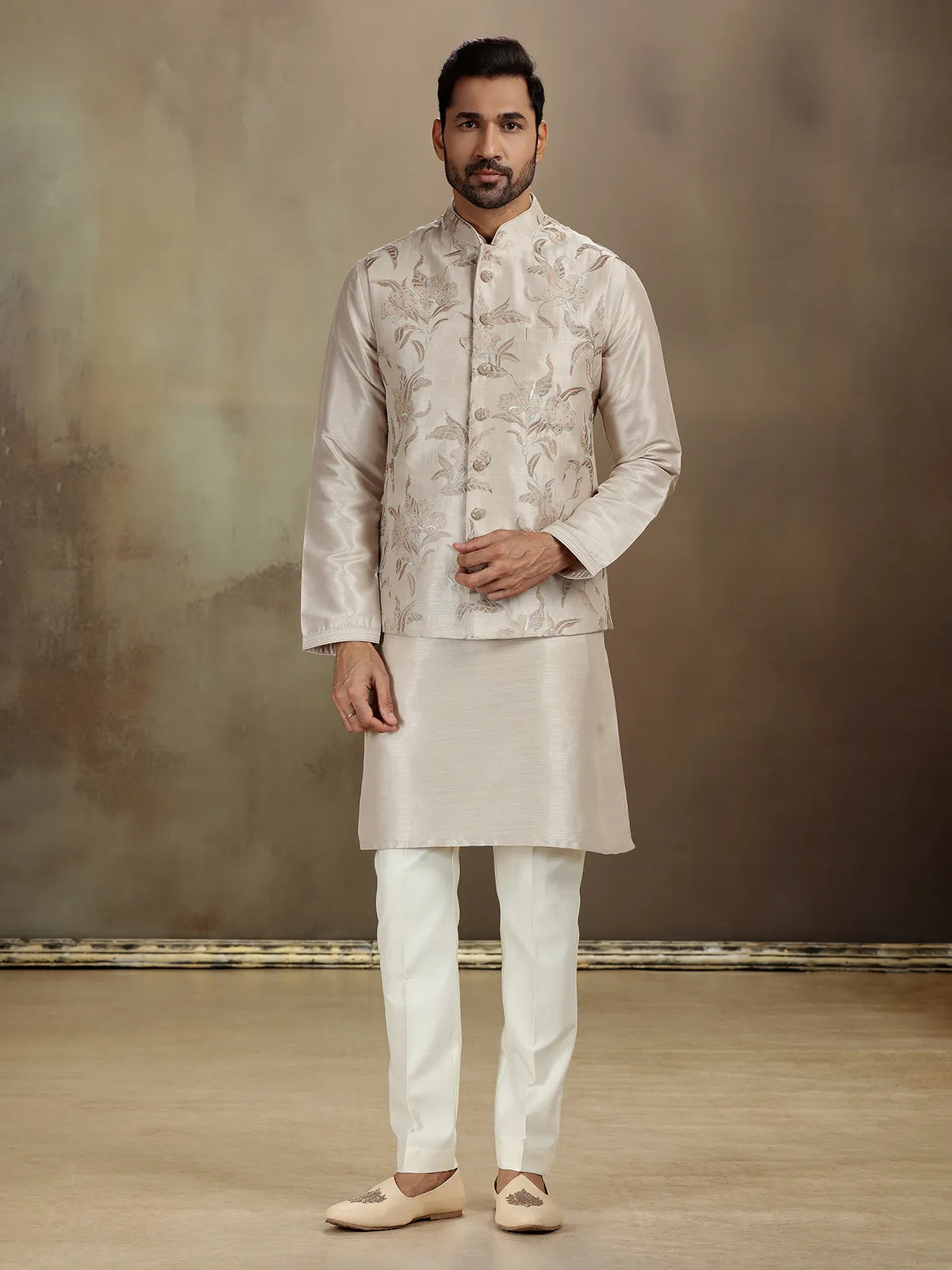 Beige raw silk sequin waistcoat set for men