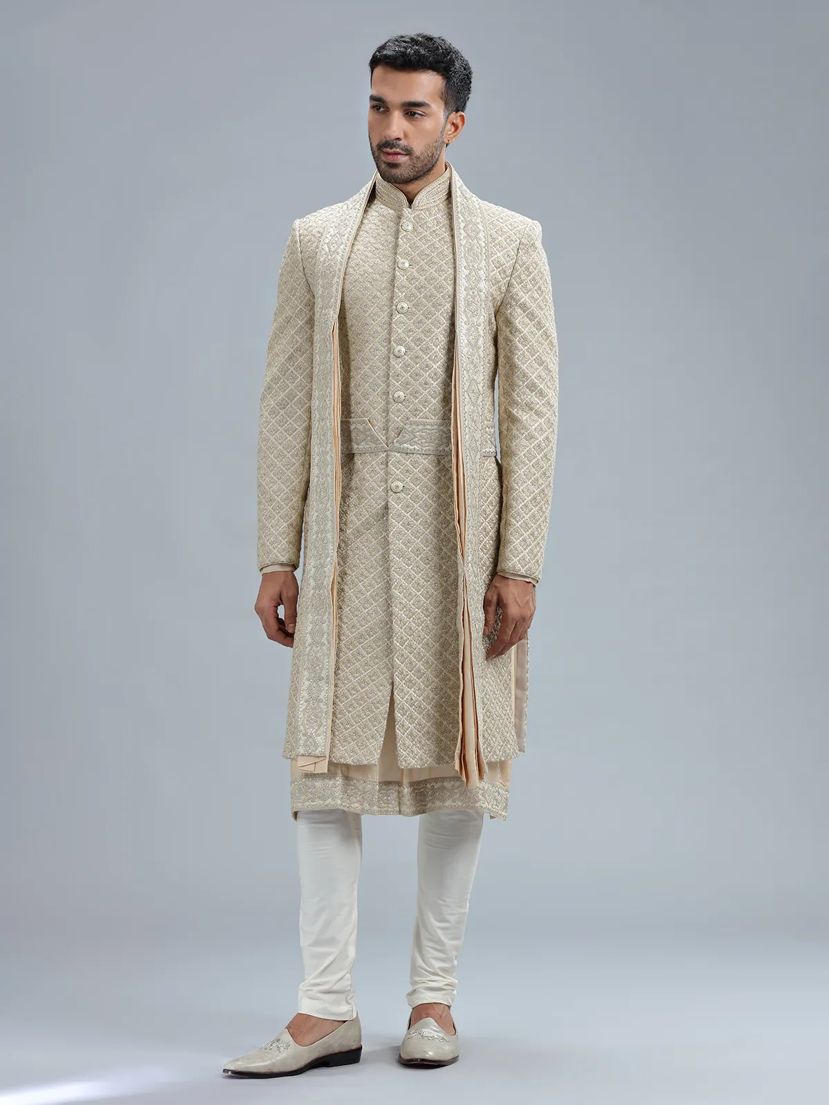 Beige raw silk sherwani with dupatta